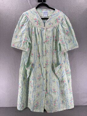 Smart Time 1X Green Snap Housecoat Dress Robe Mumu Floral Cottagecore Prairie